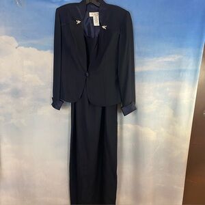 Vintage 1990s J. R. Nites Elegant Navy Blue Suit Maxi Dress Set Size 12